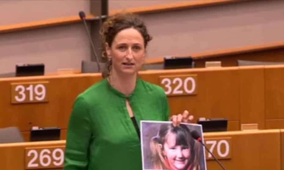 Lynn Boylan addresses the European parliament holding a picture of Mary Boyle. 