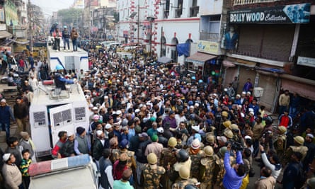 Protesters gather outside the Jama Masjid in Allahabad, Uttar Pradesh, to protest against India’s new citizenship law.