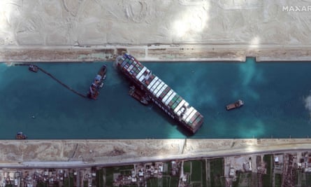 The MV Ever Given container ship wedged in the Suez Canal, March 2021.