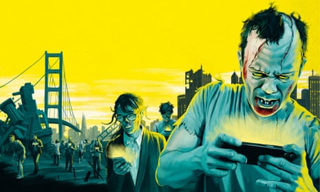 Illustration of zombies in a ruined San Francisco looking at their phones