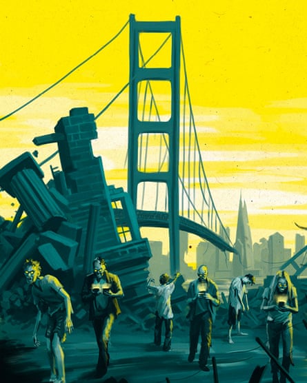 Illustration of zombies in a ruined San Francisco looking at their phones