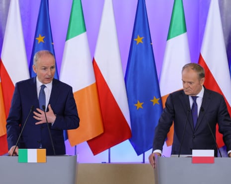 Irish prime minister Micheál Martin and Polish prime minister Donald Tusk attend a press conference after their meeting in Warsaw, Poland.