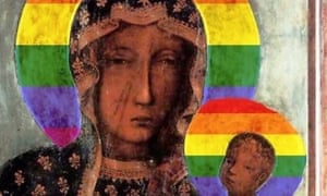 A picture of the Virgin Mary with a rainbow halo
