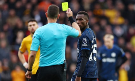 Chelsea’s Nicolas Jackson is booked during Sunday’s defeat at Wolves.