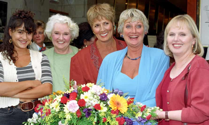 Patricia Brake, far right, with fellow cast members after the final episode was aired, from left, Sandra Sandri, Faith Kent, Hilary Crane and Polly Perkins.