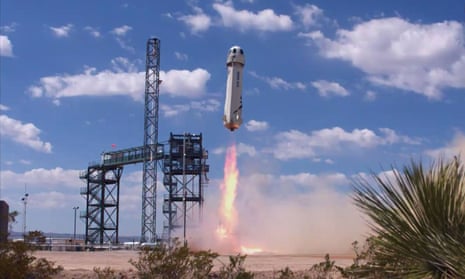 Blue Origin’s New Shepard rocket and unmanned crew capsule blasting off from Texas