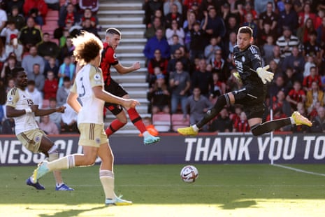 Bournemouth’s Ryan Christie sticks the ball past Leicester City keeper Danny Ward to give the home side the lead.