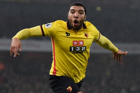 Troy Deeney celebrates after scoring for Watford at Arsenal in 2017.