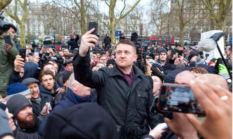 Right-wing agitator Tommy Robinson at Speakers Corner, London, last month. He read a speech by barred Austrian nationalist activist Martin Sellner.