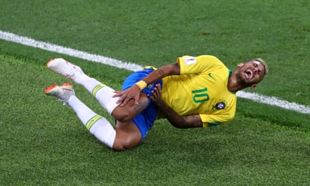 Neymar reacts after a challenge against Serbia.
