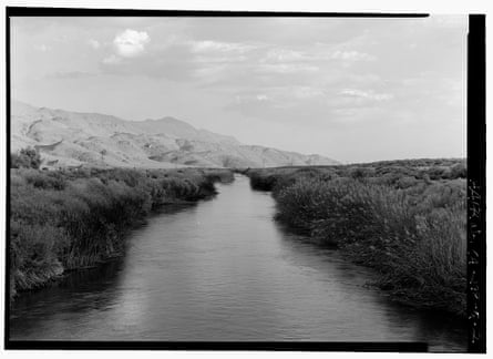 Black and white archival photograph of Owens River before the Los Angeles Aqueduct was built.