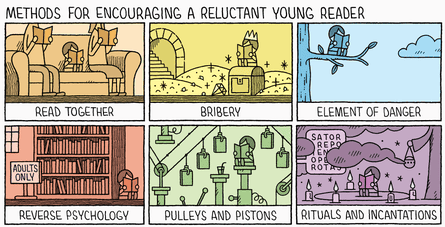 A cartoon showing methods of encouraging a reluctant young reader to read.