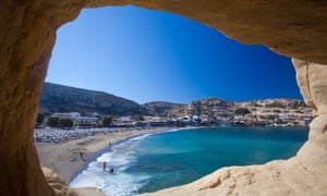 Matala beach inside a cliff cave, Crete.