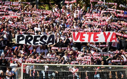 Rayo Vallecano supporters protest against Raúl MartÃÂn Presa with a banner that reads âÂÂPresa, go nowâ during the La Liga match between Rayo Vallecano and Athletic Club