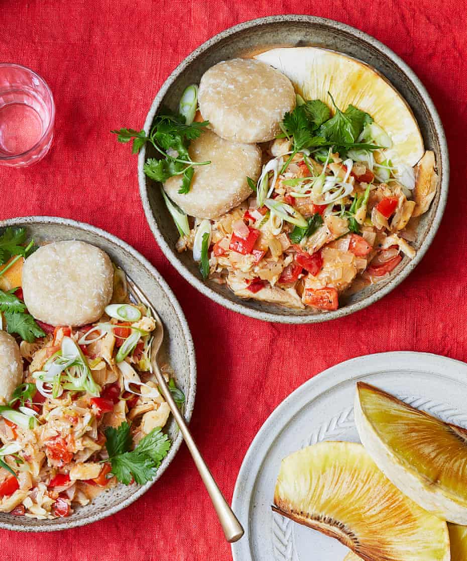 Keshia Sakarah’s stew saltfish with coconut dumplings and roast breadfruit.