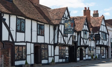 The 15th-century Kings Arms, whose wattle-and-daub exterior is so warped that it looks like a reflection of itself in water.