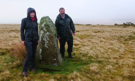 Alice Roberts with Mike Parker Pearson at one of the remaining Waun Mawn stones.