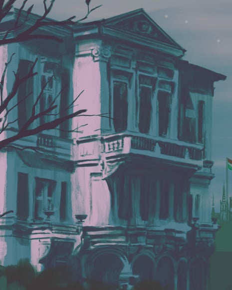Illustration showing the Lónyay–Hatvany-villa; in the background is the Budapest parliament building