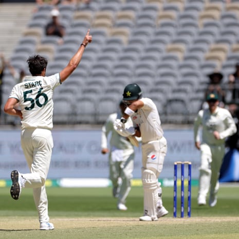Mitchell Starc celebrates his wicket.