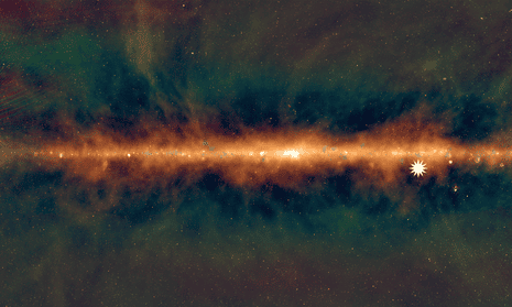 A new view of the Milky Way from the Murchison Widefield Array, with the lowest frequencies in red, middle frequencies in green, and the highest frequencies in blue. The star icon shows the position of the mysterious repeating transient