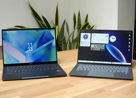 A pair of Acer and Asus Googlebooks sit side by side on a wooden table.