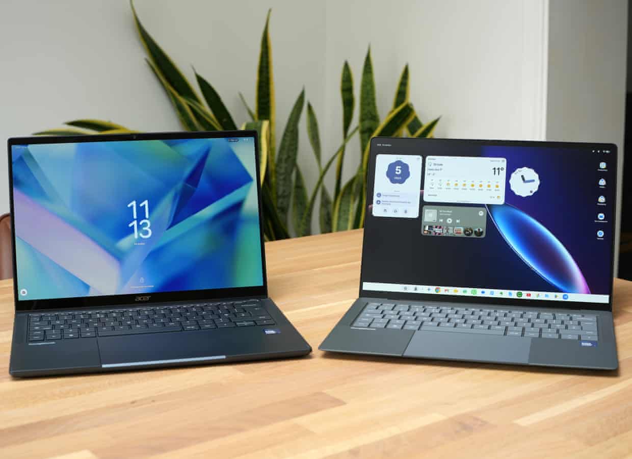 A pair of Acer and Asus Googlebooks sit side by side on a wooden table.
