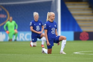 Pernille Harder of Chelsea takes a knee in support of the Black Lives Matter.