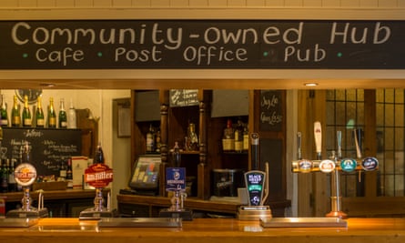 Sign reading community-owned hub, Anglers Rest, Bamford, Derbyshire