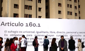 A banner displayinig part of the proposed new constitution in Santiago. Photograph: Ivan Alvarado/Reuters
