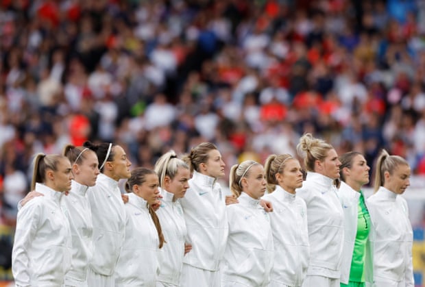 The England players line up ahead of the Euro 2022 semi-final between England and Sweden.