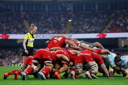 Hollie Davidson (left), pictured refereeing Bath v Lyon last May
