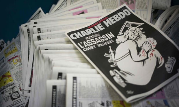 The anniversary edition of the French satirical magazine Charlie Hebdo at a printing house near Paris.