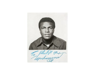 Black and white passport photo of Muhammad Ali from 1974