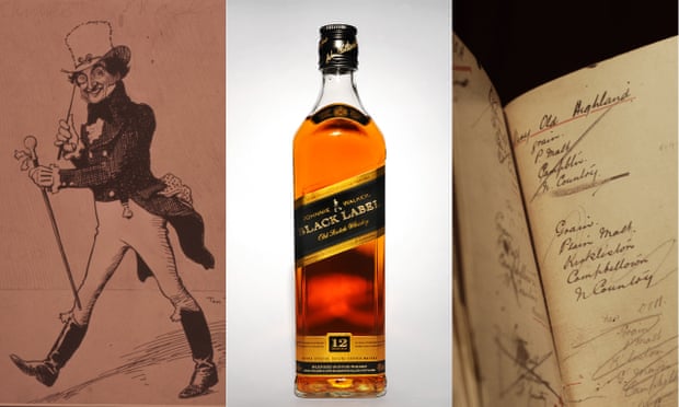One of Tom Browne’s first sketches of the famous striding man figure, a bottle of Johnnie Walker and Alexander Walker’s blending notebook.