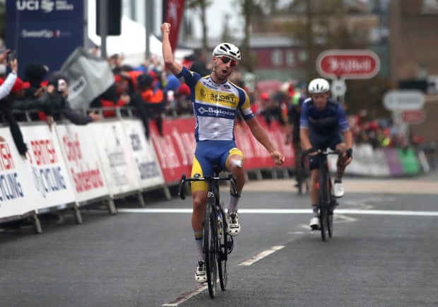 Kamiel Bonneu celebrates winning stage three of the Tour of Britain.