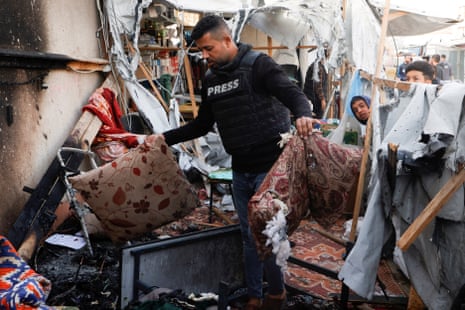 Aftermath of Israeli airstrike on a tent housing journalists in Khan Younis, in the southern Gaza Strip.