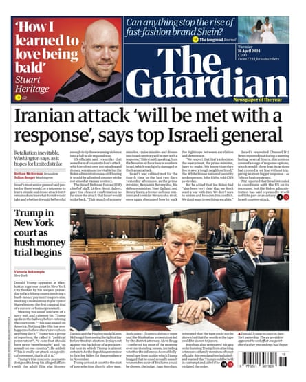 Guardian front page, Tuesday 16 April 2024