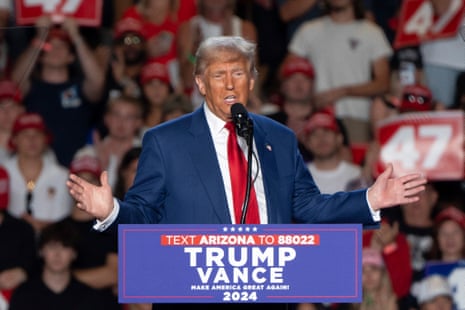Donald Trump speaking during a campaign rally at Mullet Arena in Tempe, Arizona, on 24 October 2024.