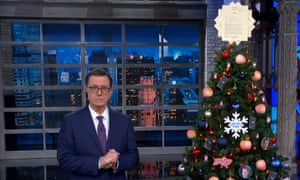 Stephen Colbert’s ‘impeachment tree’, topped with the transcript of Trump’s ‘perfect’ phone call, ‘quid pro snow’ ornaments and ‘Lindsey Graham’s balls’.