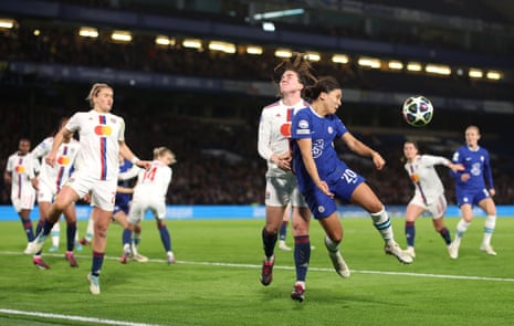 Vanessa Gilles and Sam Kerr of Chelsea clash in the Lyon penalty area.