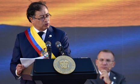 President of Colombia Gustavo Petro speaks during the presidential inauguration at Plaza Bolivar in Bogota on Sunday.