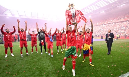 Diogo Jota lifts the Premier League at a jubilant Anfield on the final day of last season. It was the forward’s last appearance at the stadium before his sudden, tragic death