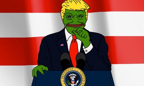 Pepe, a symbol used by the ‘alt right’, in character as Donald Trump.