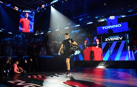 Alexander Zverev enters the court ahead of his ATP Finals round robin match against Jannik Sinner.
