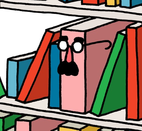 Leon Edler illustration of a book on shelves with comic Groucho Marx spectacles and nose