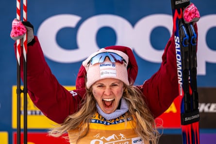 Jessie Diggins of the United States reacts following her third Tour de Ski win.
