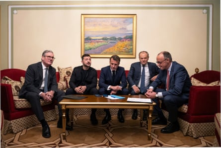 Keir Starmer, Volodymyr Zelenskyy, Emmanuel Macron, Donald Tusk and Friedrich Merz make a call to Donald Trump from Kyiv, Ukraine, on Saturday, 10 May.