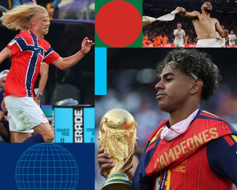 Erling Haaland of Norway with his hair down during the second half of the World Cup round of 16 game against Brazil and Norway, Morocco’s Ismael Saibari celebrates scoring the team's fifth and winning penalty during the penalty shoot-out against Netherlands, Lamine Yamal of Spain celebrates with the World Cup trophy after his team’s victory in the World Cup 2026 final, between Spain and Argentina at New York New Jersey Stadium.