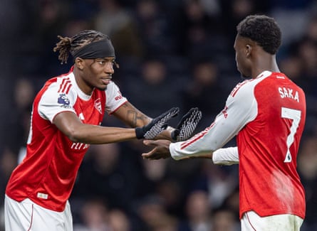 Bukayo Saka is subbed off for Noni Madueke during the Premier League match between Tottenham Hotspur and Arsenal