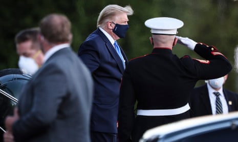 President Trump tested positive for coronavirus (COVID-19)<br>epa08716551 US President Donald J. Trump exits Marine One while arriving to Walter Reed National Military Medical Center in Bethesda, Maryland, USA, on 02 October 2020. Trump will be treated for Covid-19 after being in isolation at the White House since his diagnosis, which he announced after one of his closest aides had tested positive for coronavirus infection.  EPA/Oliver Contreras / POOL